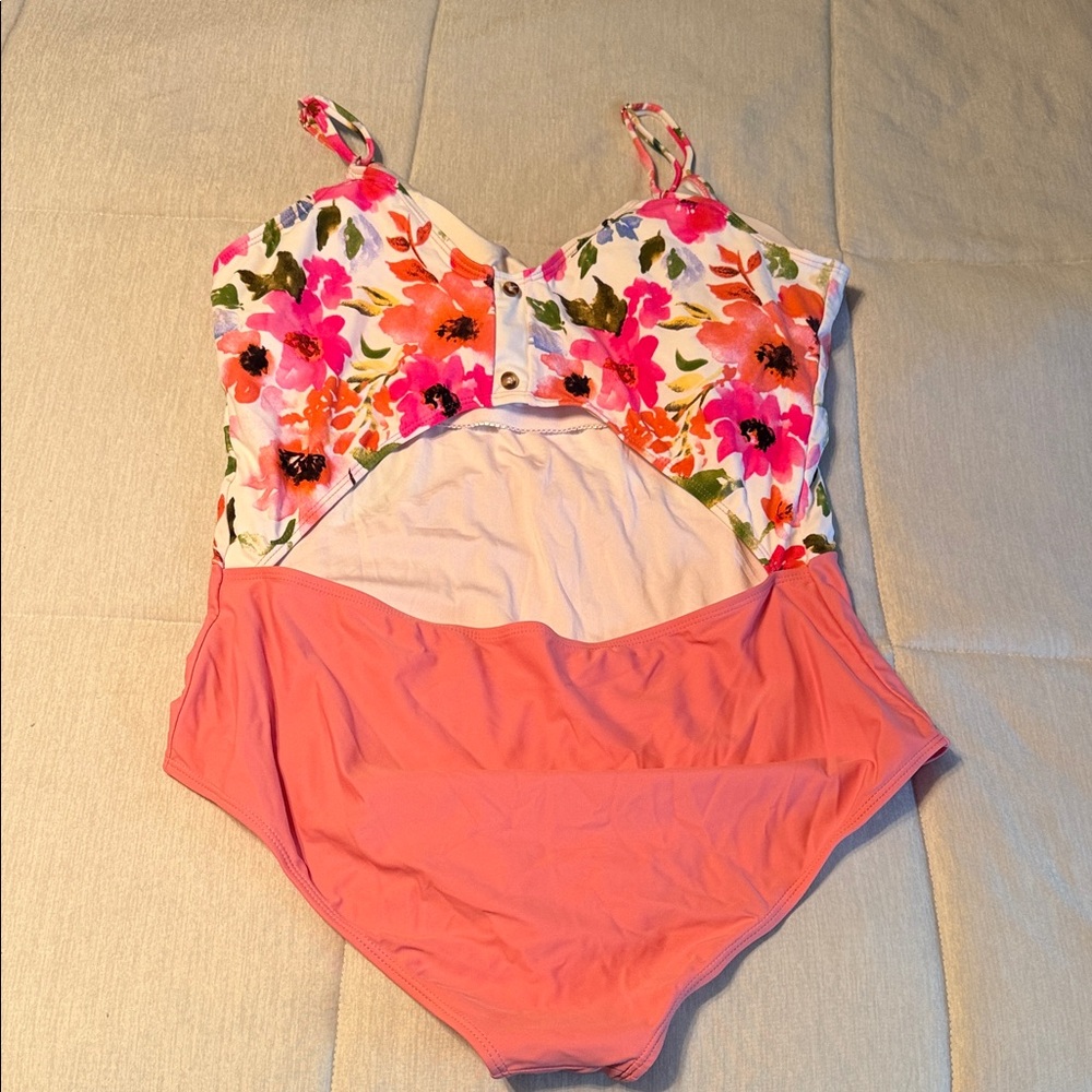 Floral Print and Coral Pink One-Piece Swimsuit - Picture 3 of 3